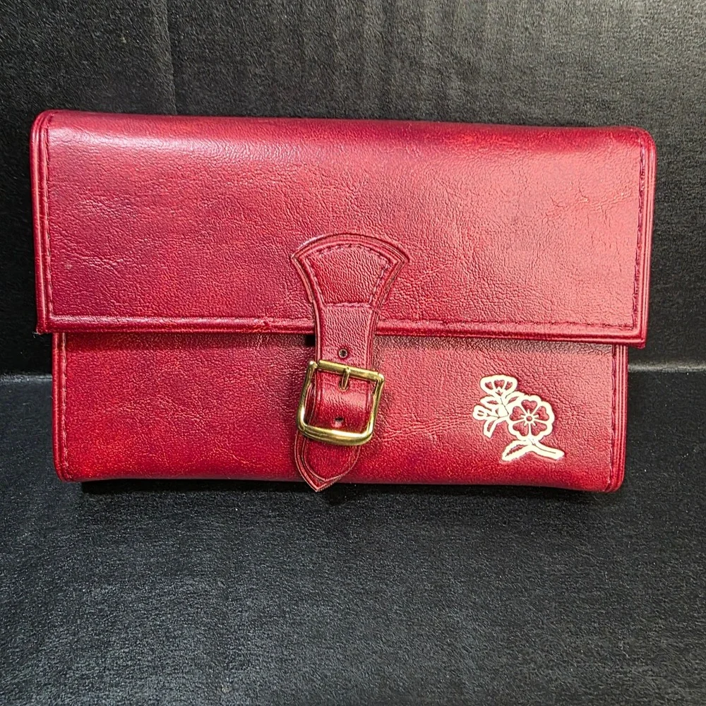 Bank of America Jewelry Travel Case Tri-Fold Red Faux Leather Velvet‎ Organizer